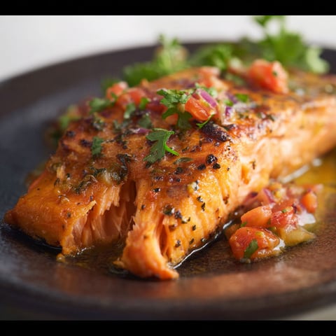 A piece of salmon with tomatoes and herbs on top.