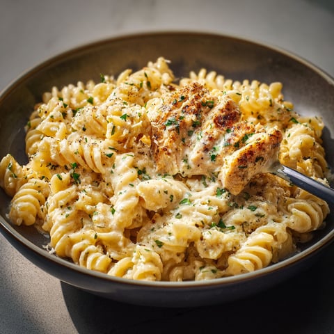 A bowl of pasta with chicken and garlic.