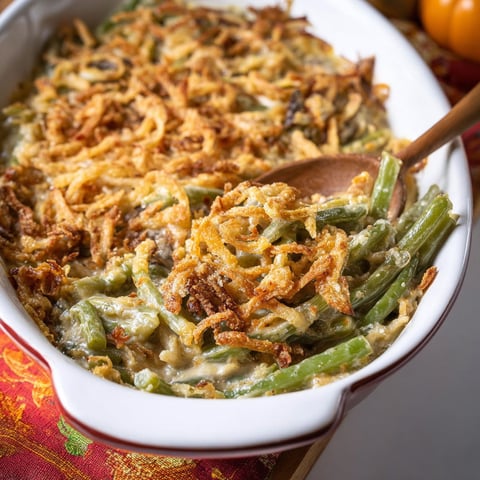 A white bowl filled with a green bean casserole.