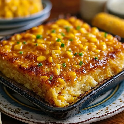 A dish of corn casserole with a honey glaze.