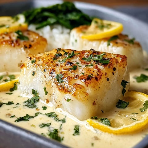 A plate of baked cod in coconut lemon cream sauce.