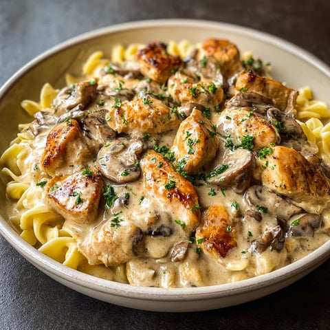 A bowl of creamy chicken stroganoff.