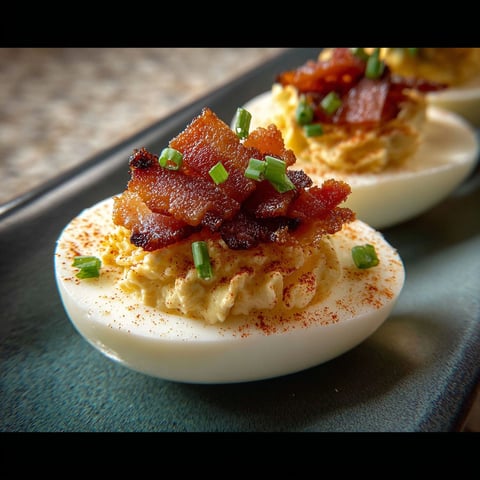 Bacon Deviled Eggs on a plate.