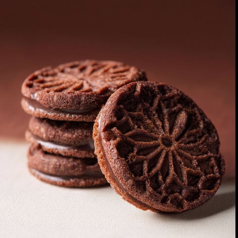 Two chocolate cookies with a flower design on top.