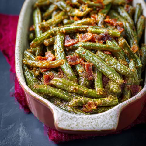 A dish of green beans with bacon.