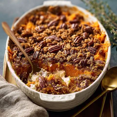 A white bowl filled with a sweet potato casserole.