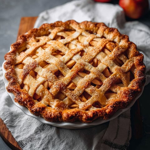 A classic apple pie on a wooden table.