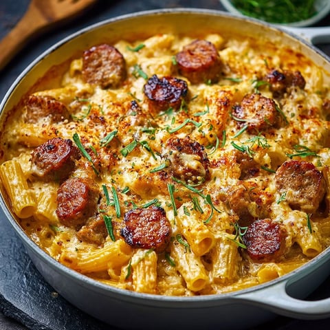 A skillet filled with sausage and pasta.
