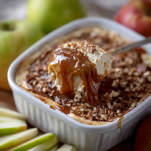A white bowl filled with caramel apple cheesecake dip.