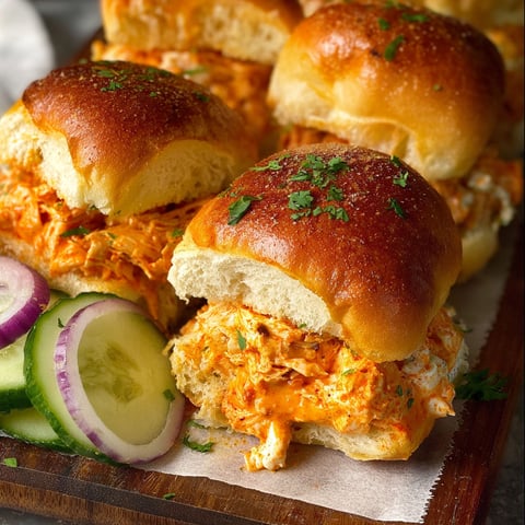 A plate of spicy buffalo chicken sliders.