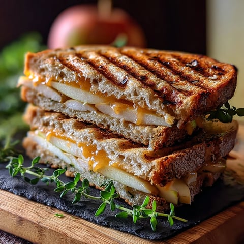 A sandwich with cheese and apple slices on top.
