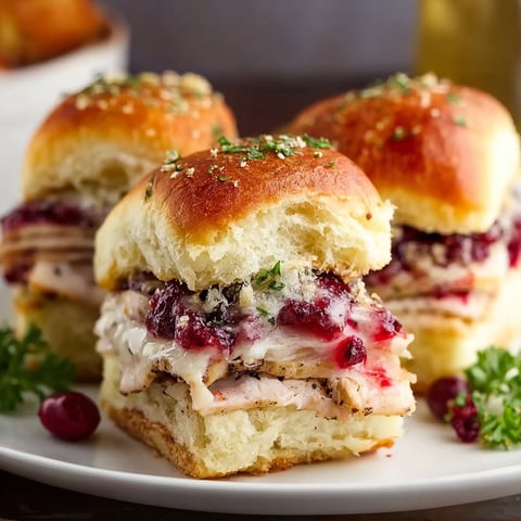 Three cranberry turkey sliders on a plate.