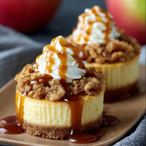 Two mini cheesecakes with caramel sauce and whipped cream on top.