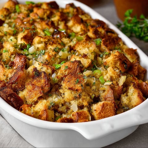 A white bowl filled with homemade stuffing.