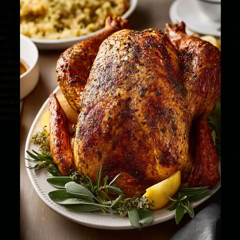 A cooked turkey with herbs and lemon on a plate.