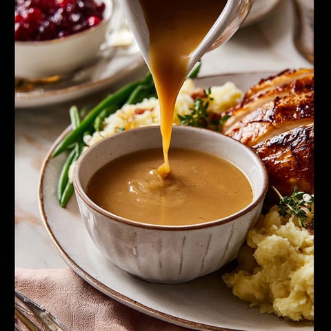 A bowl of mashed potatoes with gravy being poured over it.