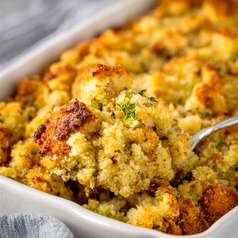 A white bowl filled with cornbread stuffing.
