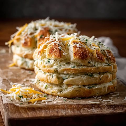 A stack of garlic bread with cheese on a table.