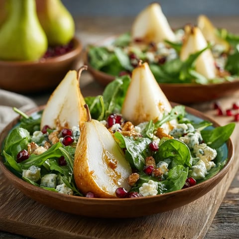 A bowl of salad with pear, gorgonzola, and greens.