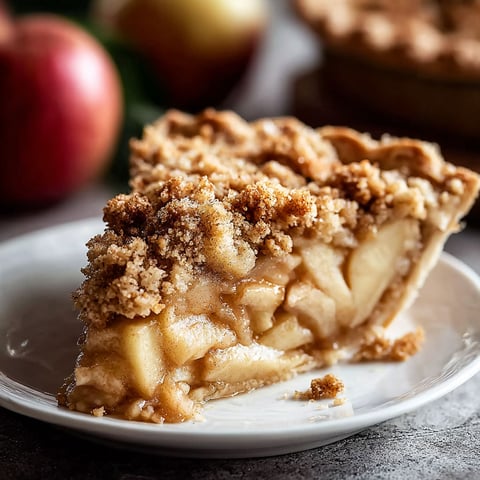 A slice of apple pie with a crumb topping.