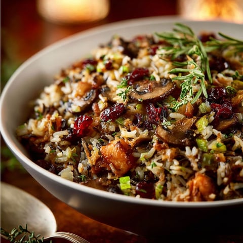 A bowl of rice with mushrooms and other vegetables.