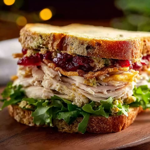 A sandwich with a variety of fillings including turkey, cranberry, and lettuce.