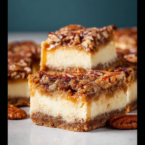 A close up of a pecan pie cheesecake bar.