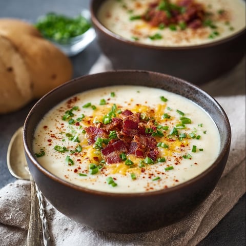 A bowl of creamy potato soup with bacon.