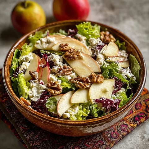 A bowl of salad with apples and walnuts.