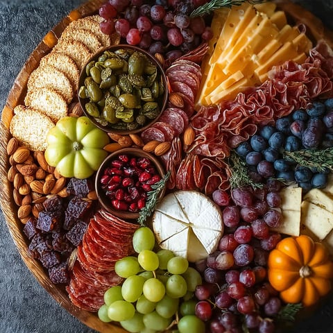 A charcuterie board with a variety of foods including cheese, grapes, and olives.