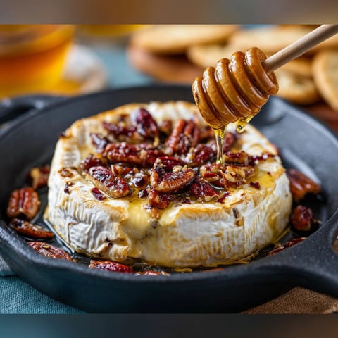 A baked brie with honey and pecans.