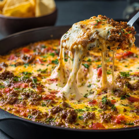 A delicious cheesy dip with ground beef.