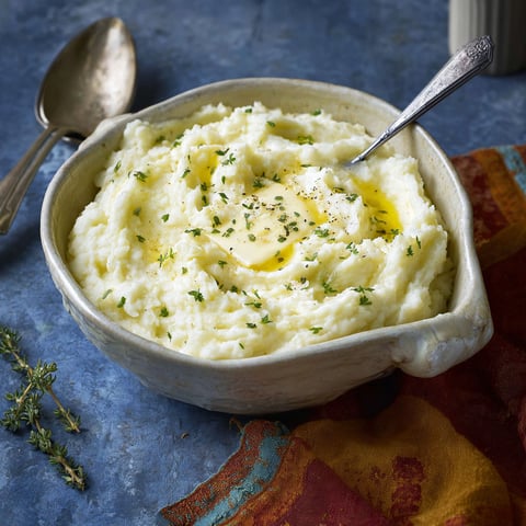 A bowl of creamy mashed potatoes with a spoon in it.