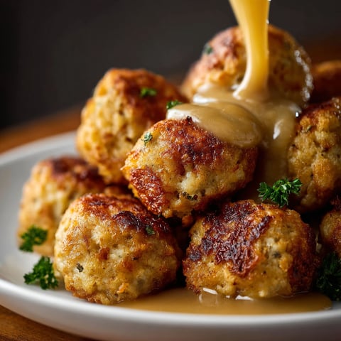 A plate of stuffing balls with gravy.