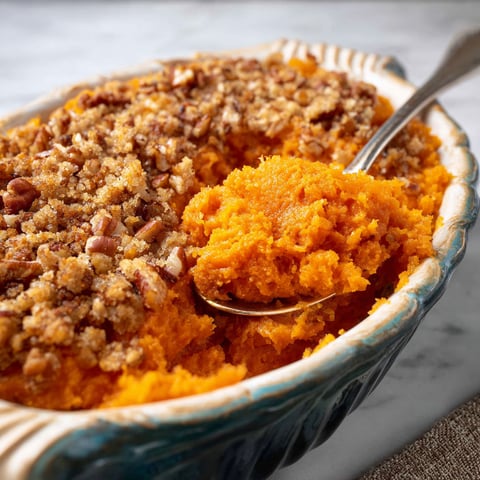 A bowl of sweet potato casserole with a spoon in it.