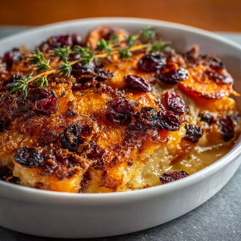 A bowl of food with a cranberry and sweet potato topping.