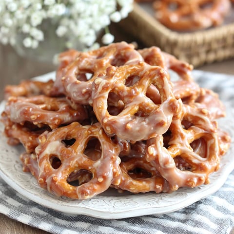 A plate of caramel pretzels.