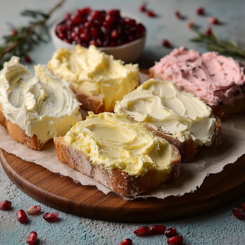 A wooden cutting board with a variety of butter spreads.