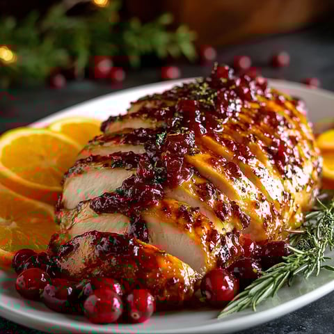 A plate of food with a turkey breast and cranberries.