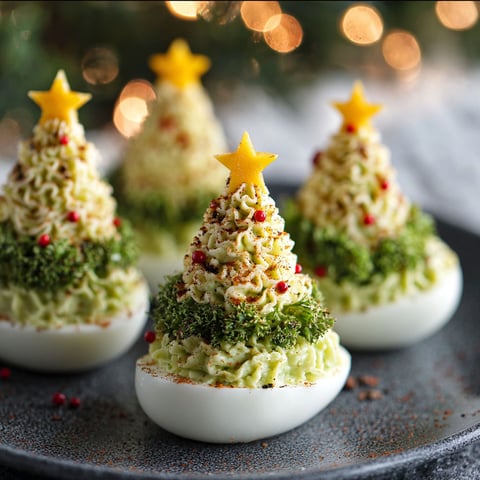 Three deviled egg Christmas trees on a plate.