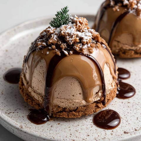 Two gingerbread latte mousse domes with chocolate drizzle.