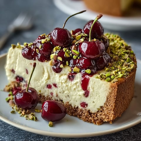 A slice of cherry pistachio cheesecake on a plate.