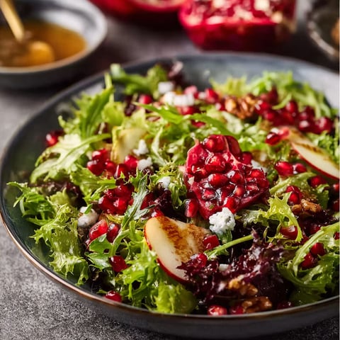 A bowl of salad with pomegranate, lettuce, and walnuts.