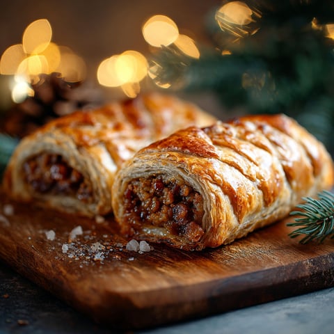 Two sausage rolls on a wooden board.