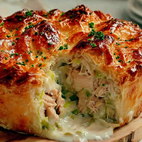 A close up of a chicken and leek pie.