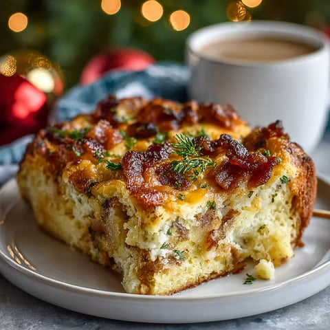 A slice of bacon and cheese casserole on a plate.