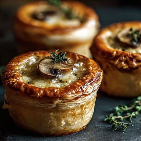 Three mini mushroom and gruyere pot pies with thyme.