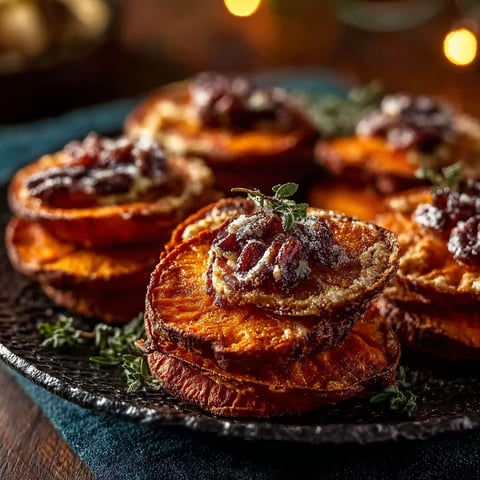 Sweet potato rounds with brie, cranberry and pecans.
