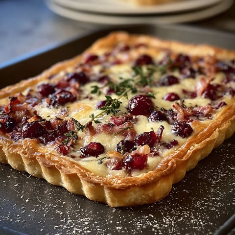 A close up of a cranberry brie tart with pancetta and thyme.