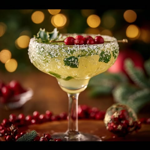 A glass of Christmas mistletoe margarita.